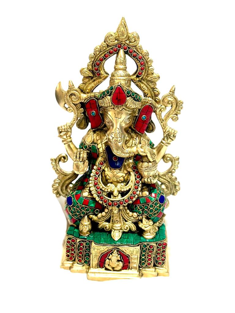 Exclusive Brass Collection Lord Ganesha Sitting With Multi Gemstone By Tamrapatra