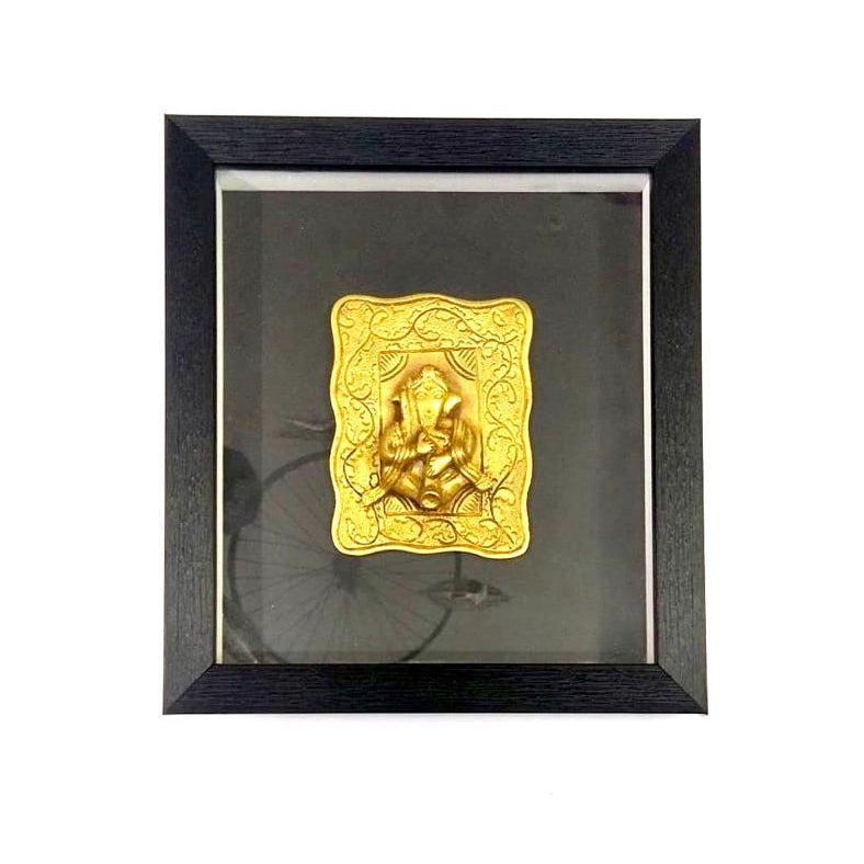 A brass Ganesha statue with a bold black frame on a white background.