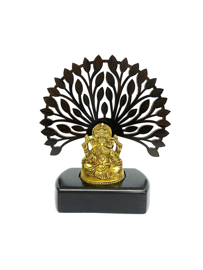 Ganesha Brass Idol Under Wooden Carving Tree Exclusive Artwork Tamrapatra