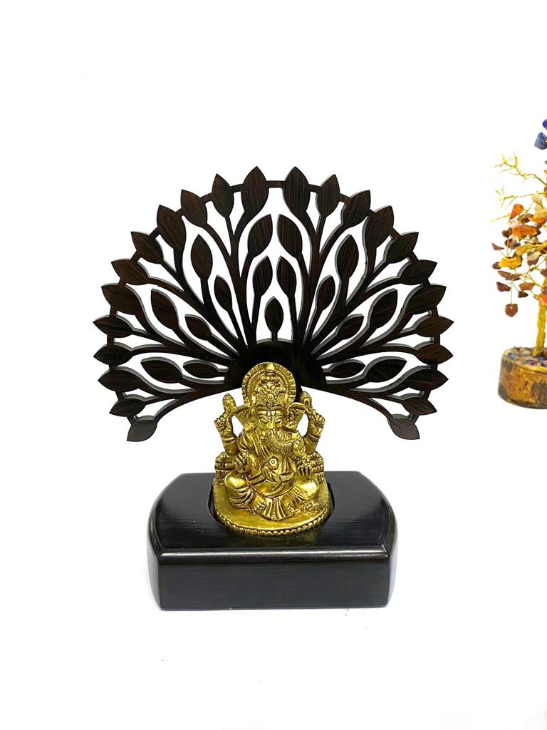 Ganesha Brass Idol Under Wooden Carving Tree Exclusive Artwork Tamrapatra