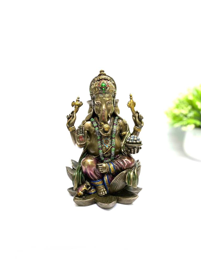 Ganesha Idol Sitting On Lotus Perfect Detailing Cold Cast Bronze By Tamrapatra