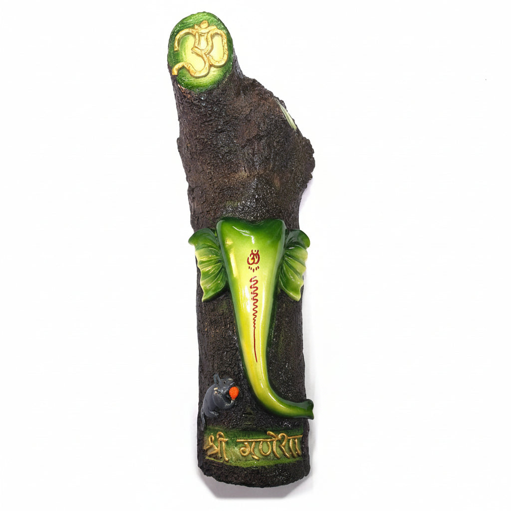 A creative design Ganesha idol with a green trunk and leaf-like features, predominantly black in color, with decorative elements.