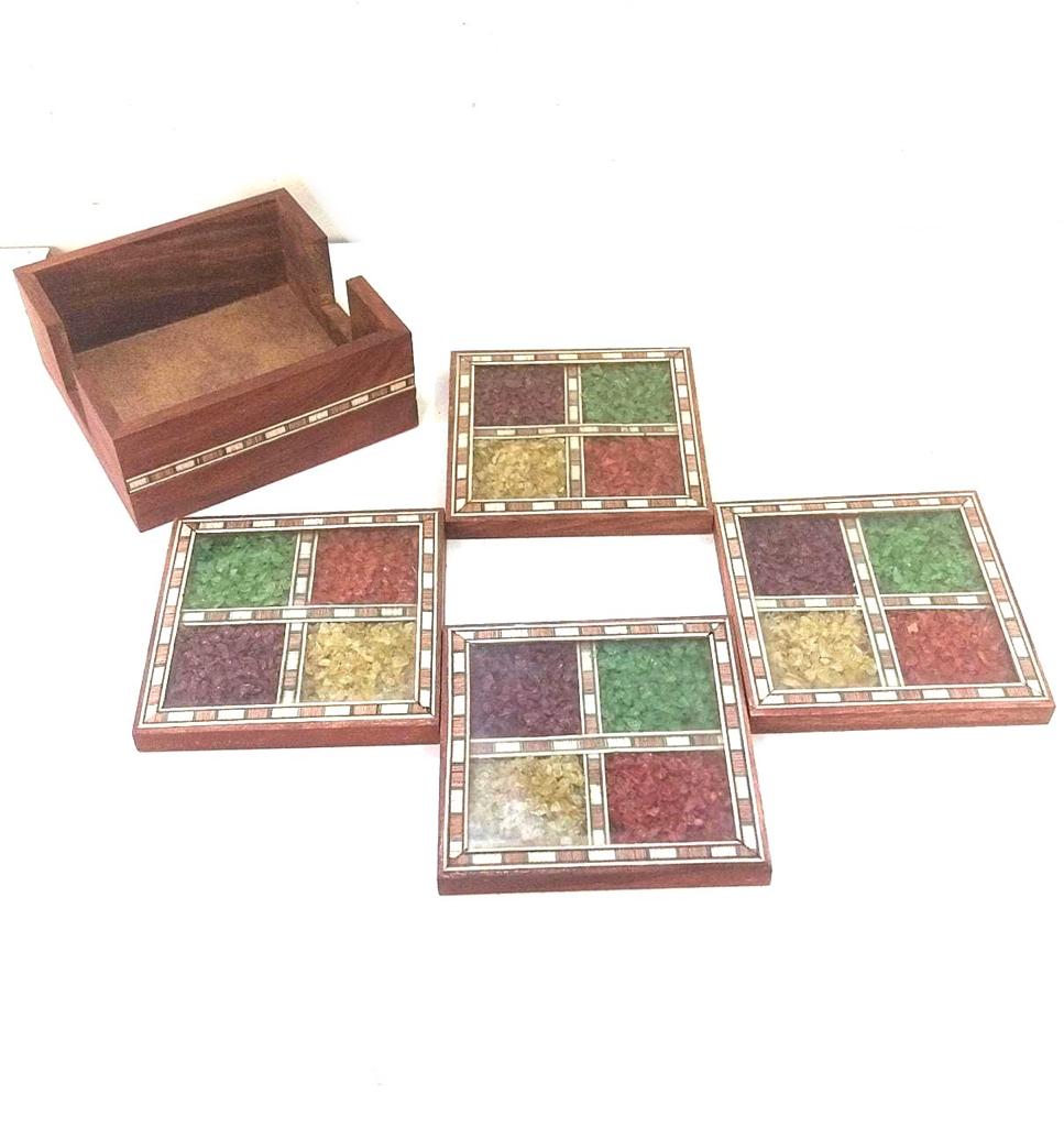 Colorful Gemstones Artwork Enclosed In Wooden Tea Coasters Tamrapatra