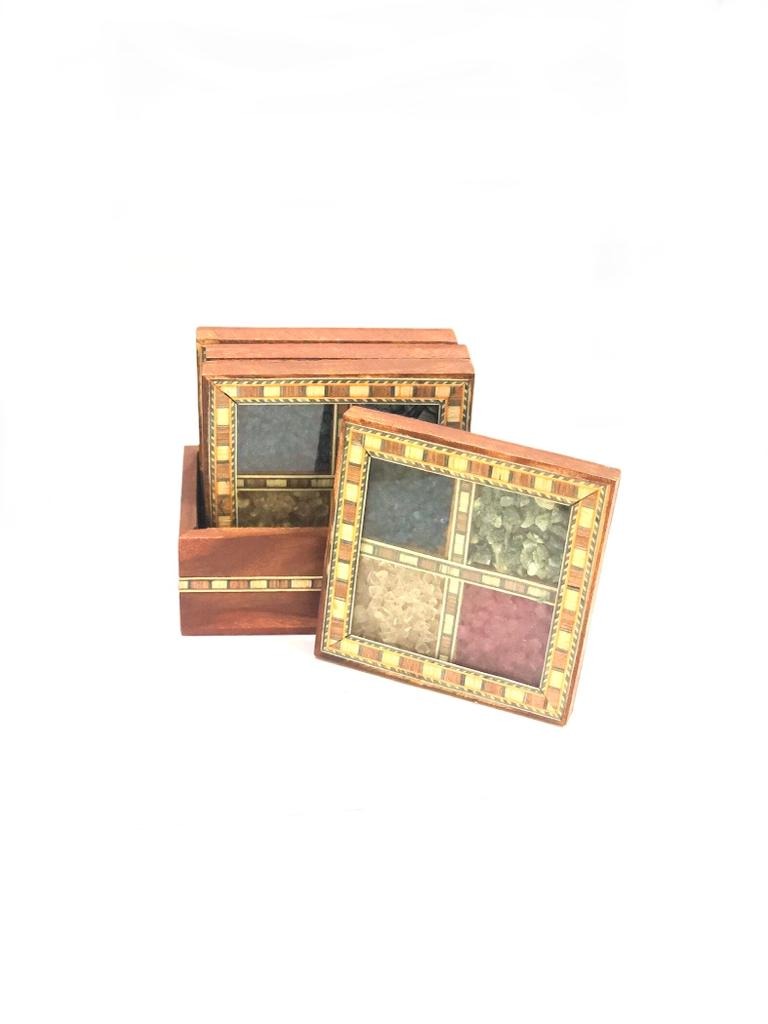 Colorful Gemstones Artwork Enclosed In Wooden Tea Coasters Tamrapatra