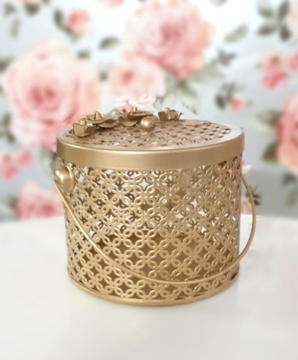 Metal Basket For Gifts Chocolates Bag Style With Flowers On Top By Tamrapatra