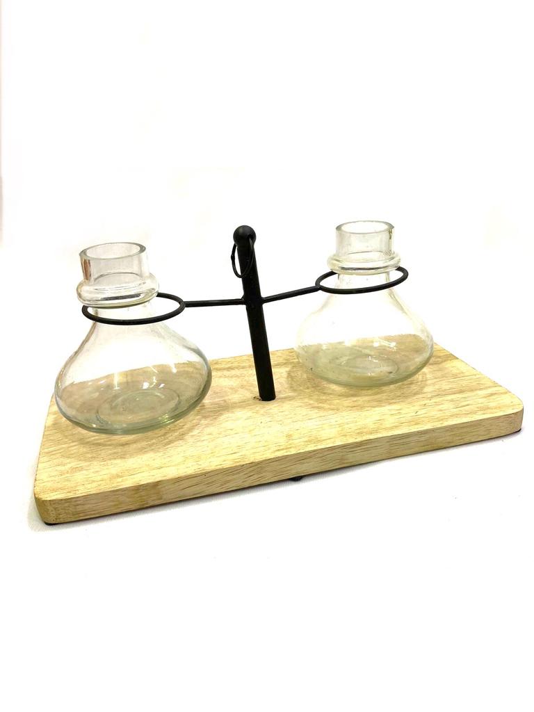 2 Glass Planters On Wooden Stand & Metal Support Indoor Décor Tamrapatra