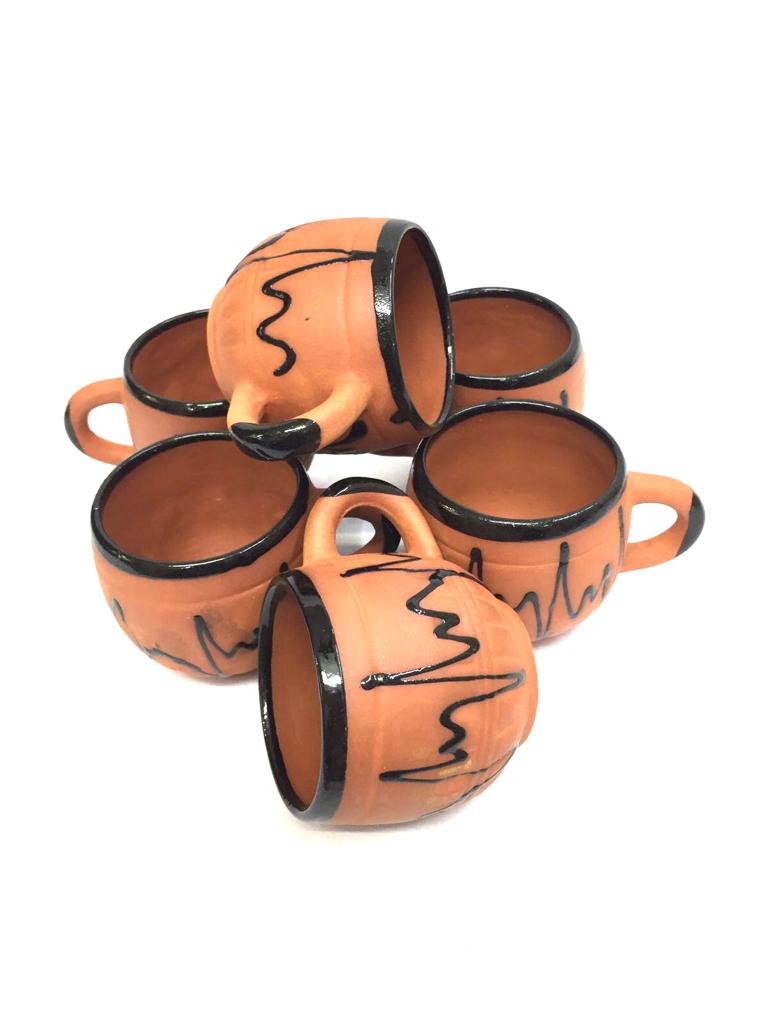 Dholak Style Mugs In Plain & Glazed Design Set Of 6 Earthenware By Tamrapatra