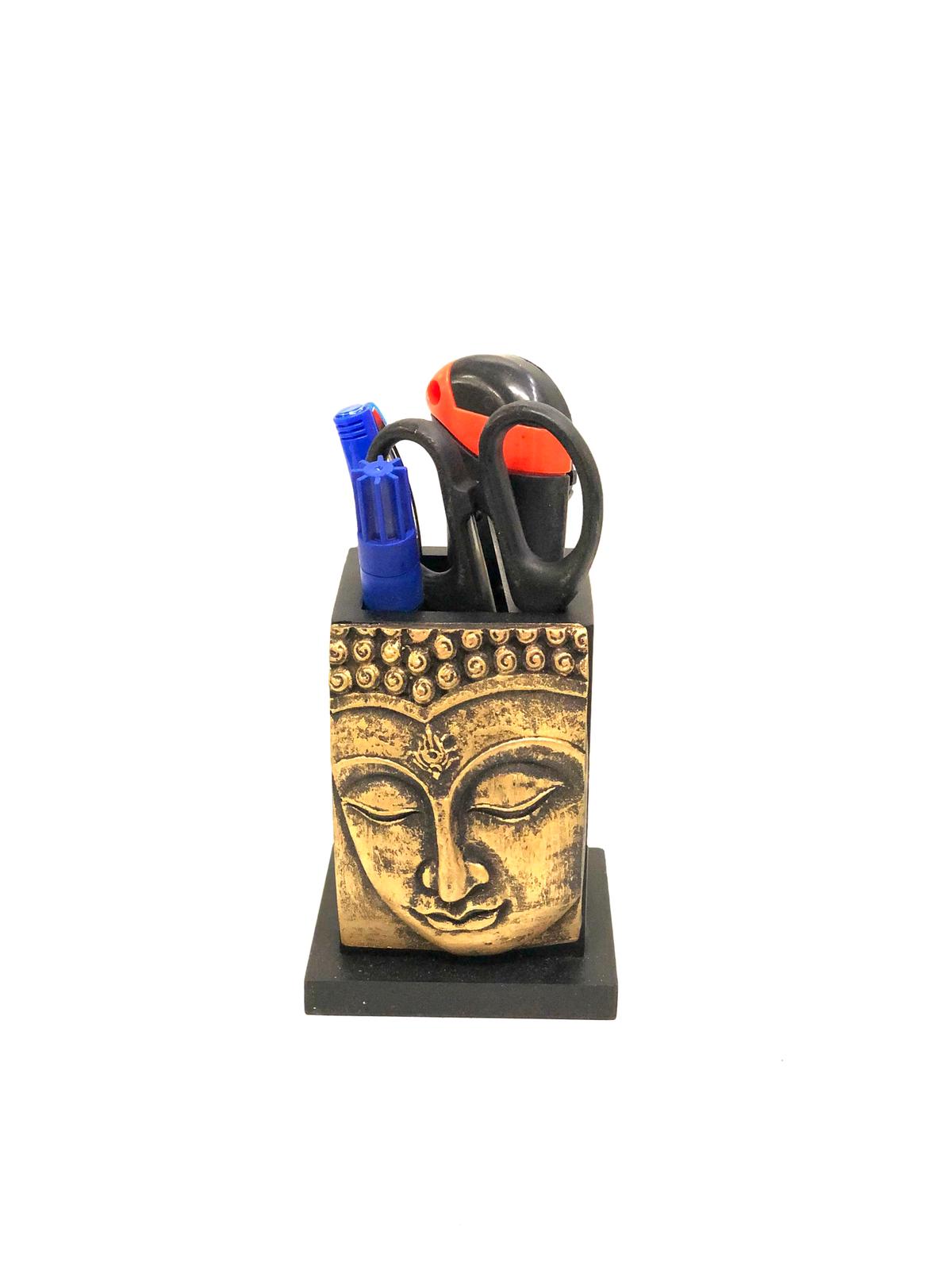 Buddha Sculpture Face On Wooden Pen Stand Modern New By Tamrapatra