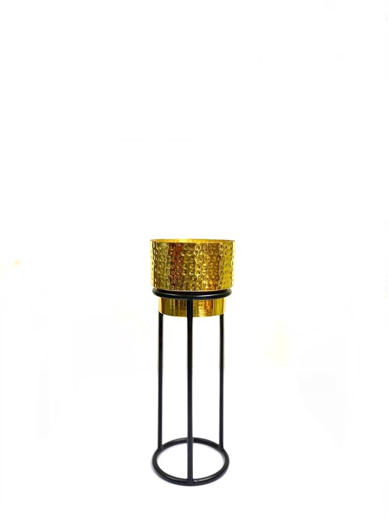 Eccentric Hammered Gold Planters On Black Stand Garden Décor By Tamrapatra