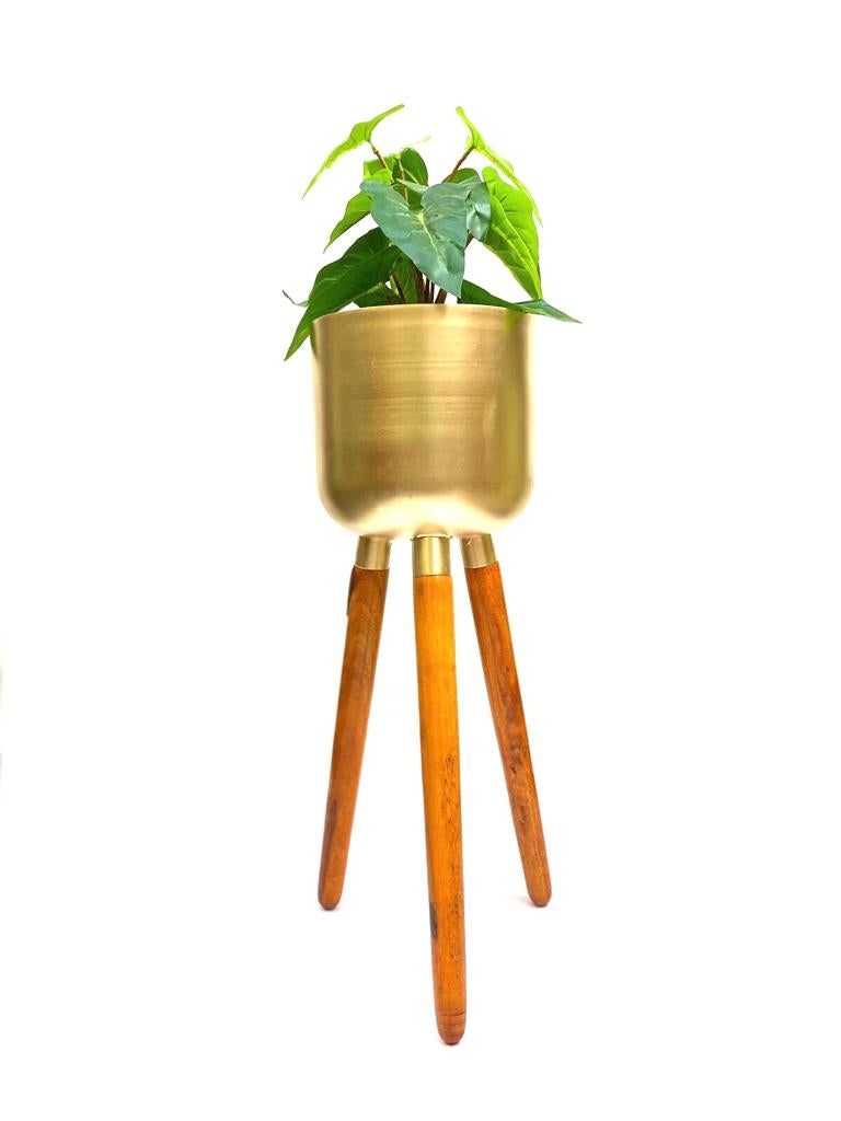 Metal Golden Shade Planters On Wooden Stand Home Office From Tamrapatra