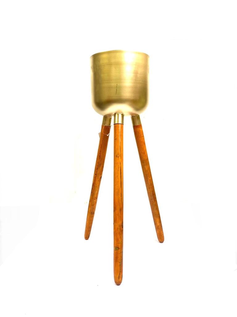 Metal Golden Shade Planters On Wooden Stand Home Office From Tamrapatra