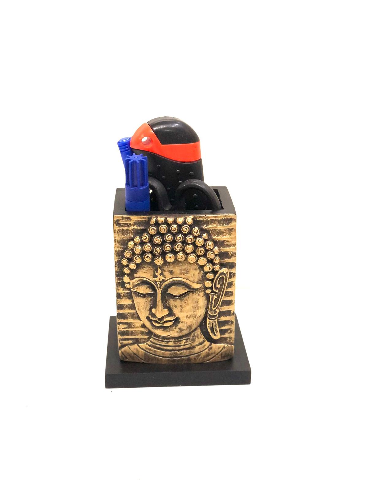 Buddha Face Pen Stand Resin Wooden Combo Stationary Desk By Tamrapatra