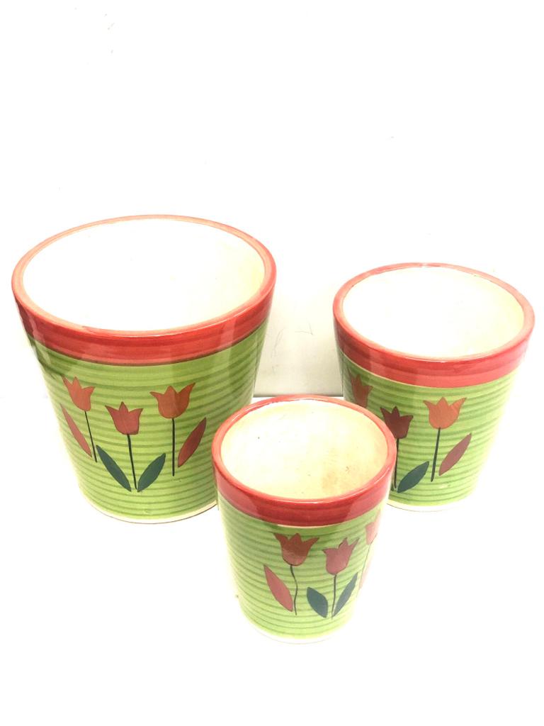Ceramic Pots Bucket Set Of 3 For Natural Plants Outdoor Decoration Tamrapatra