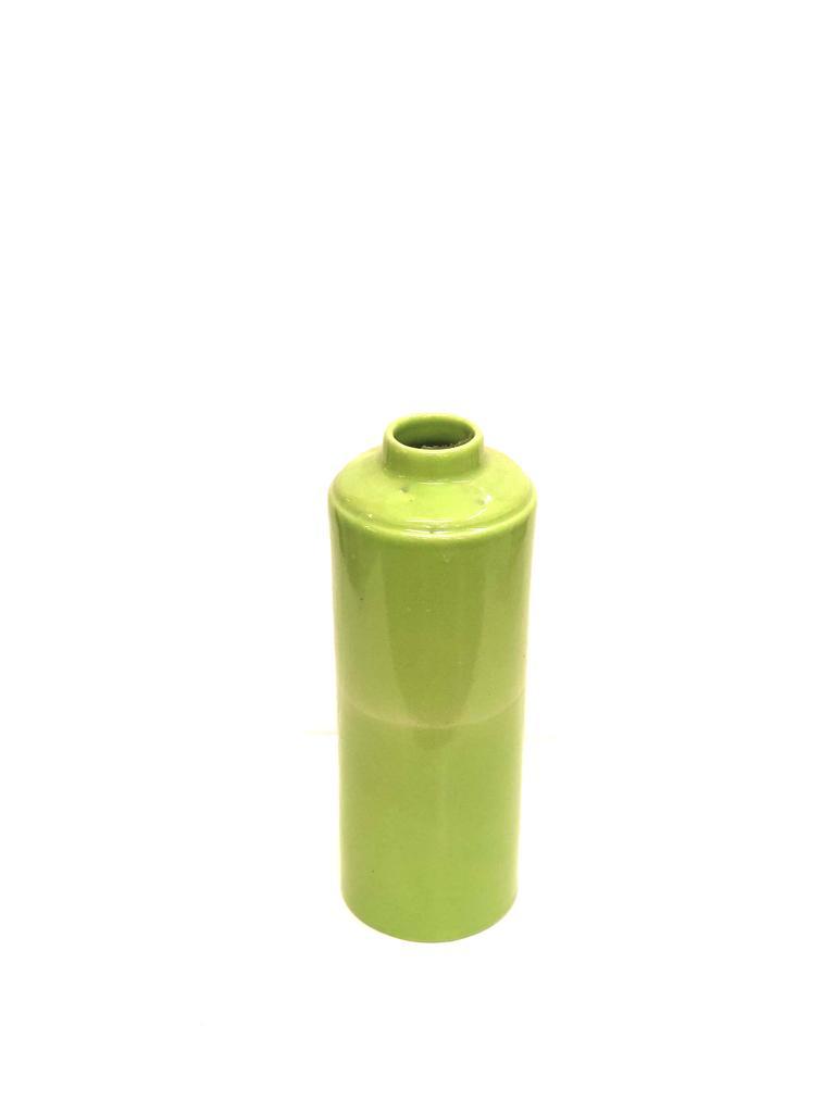 Lime Green Pipe Bottle Shaped Glazed Ceramic Pots For Flowers By Tamrapatra