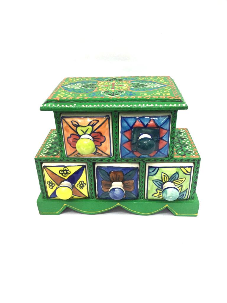 5 Drawer Ceramic Handcrafted Indian Wooden Artware Utility Gifts Tamrapatra