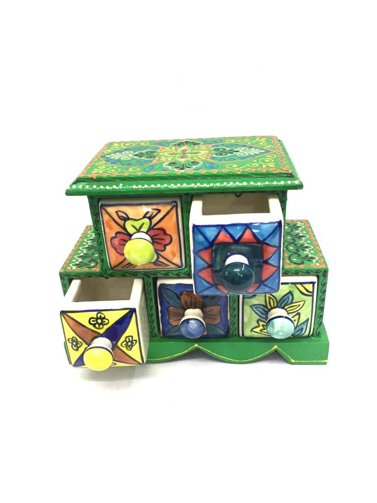 5 Drawer Ceramic Handcrafted Indian Wooden Artware Utility Gifts Tamrapatra