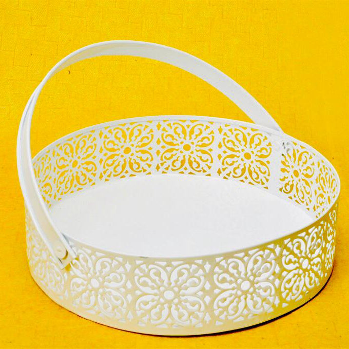 Metal Round Tray With Handle In White Shade With Set Of 3 By Tamrapatra - Tamrapatra