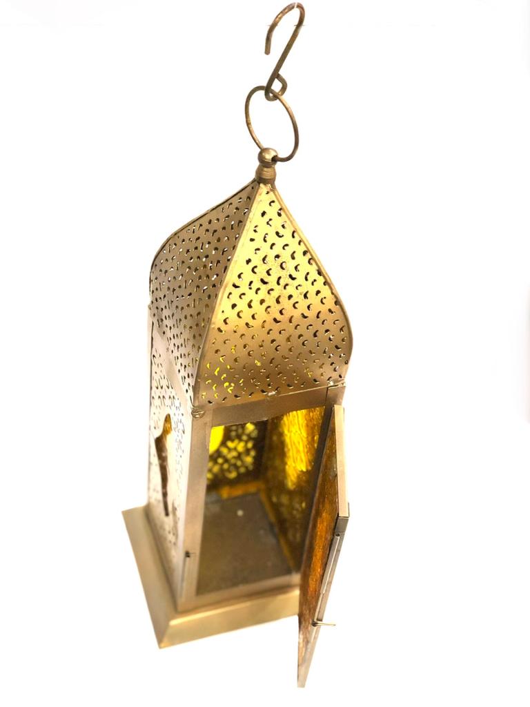 Long Metal Moroccan Style Lamps With Colored Glass Hanging By Tamrapatra