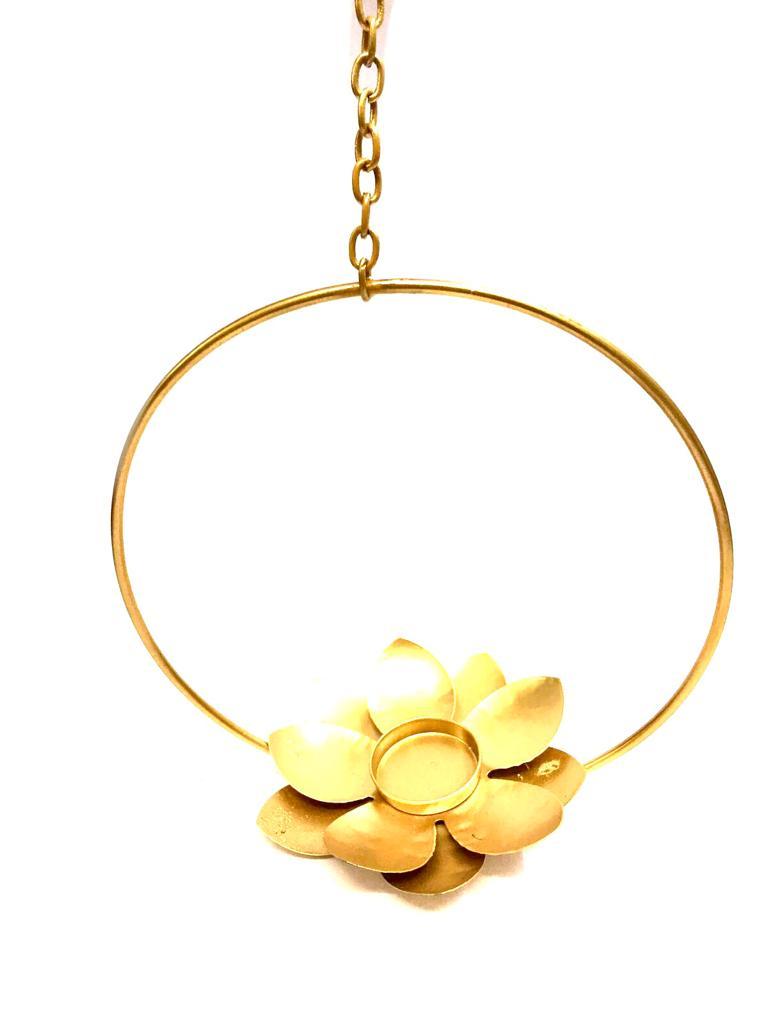 Round Hanging Tealight With Lotus Shaped Flower Metal Arts Range Tamrapatra