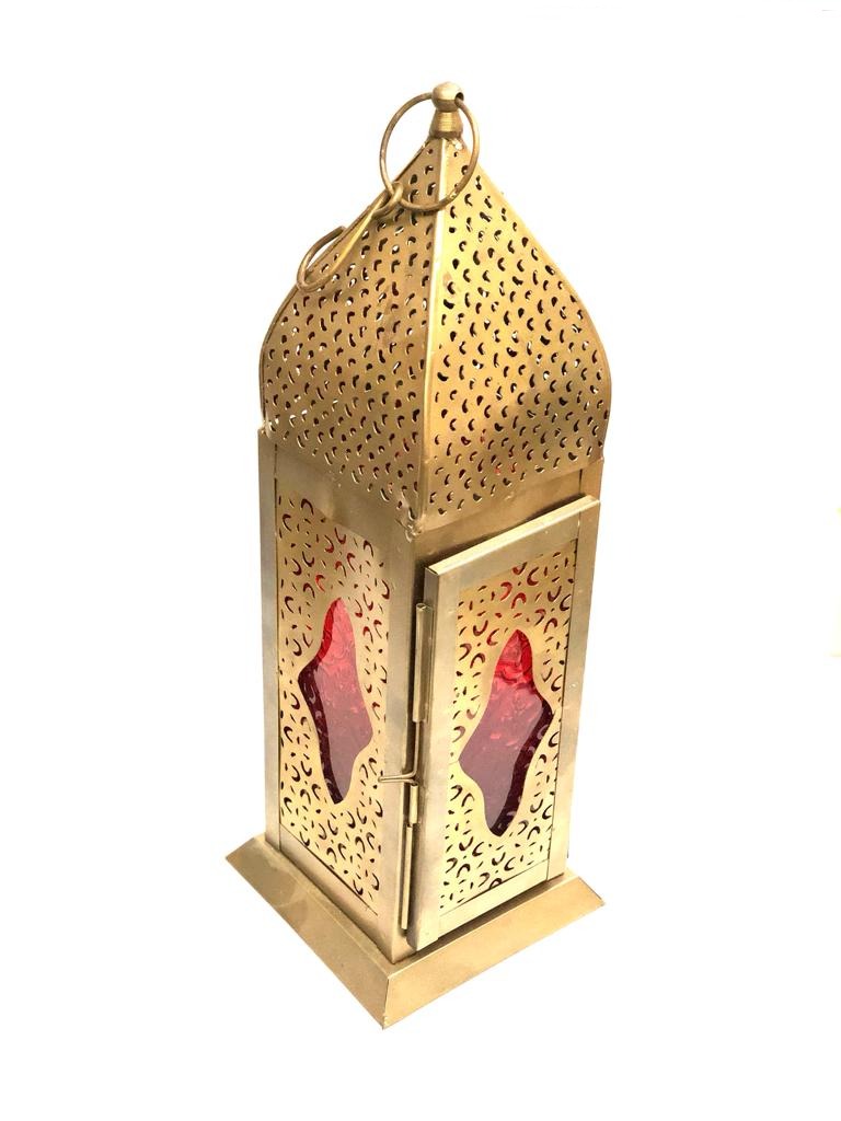 Long Metal Moroccan Style Lamps With Colored Glass Hanging By Tamrapatra