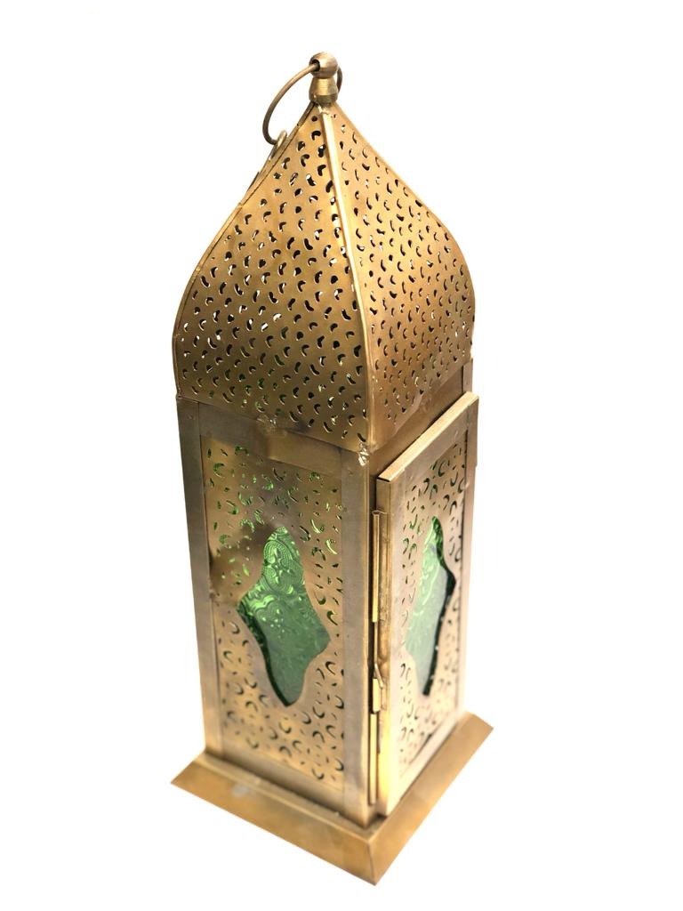 Long Metal Moroccan Style Lamps With Colored Glass Hanging By Tamrapatra