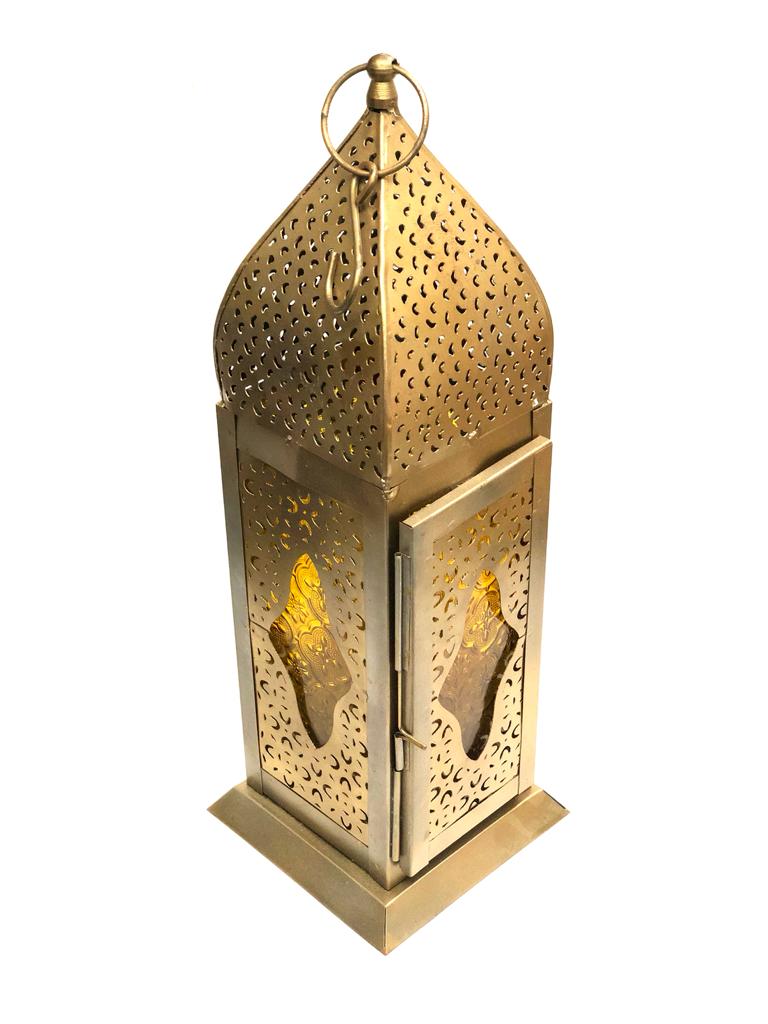 Long Metal Moroccan Style Lamps With Colored Glass Hanging By Tamrapatra