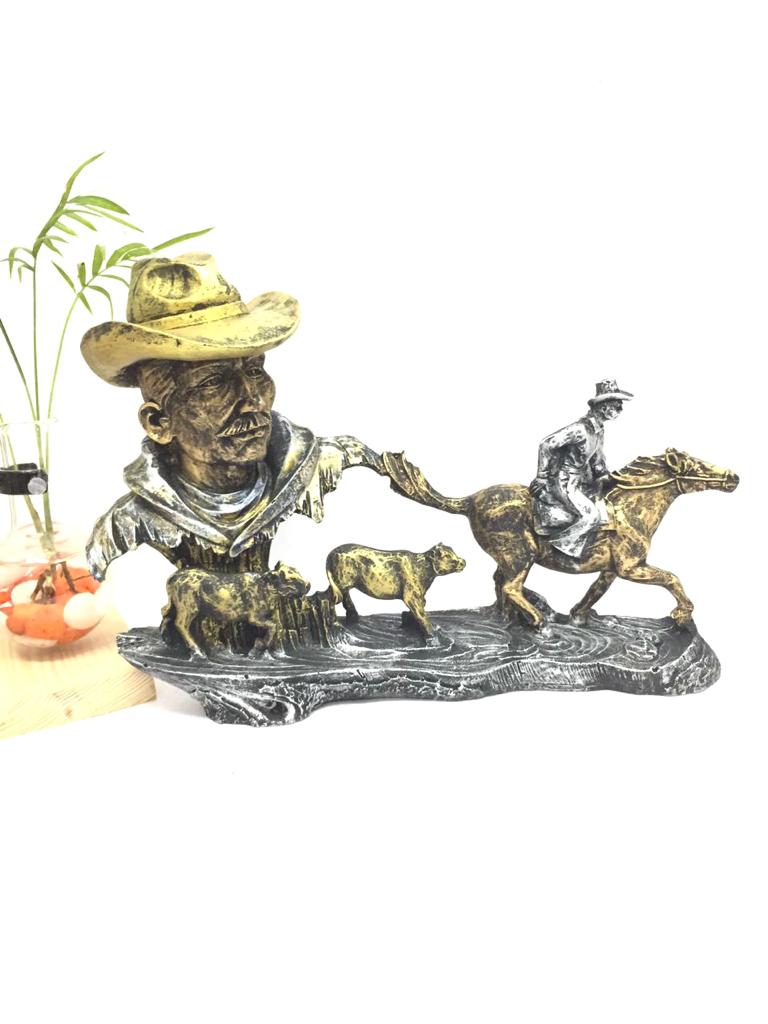Horse Riding Man Cow Boy Showpiece Hunter Style Décor From Tamrpatra