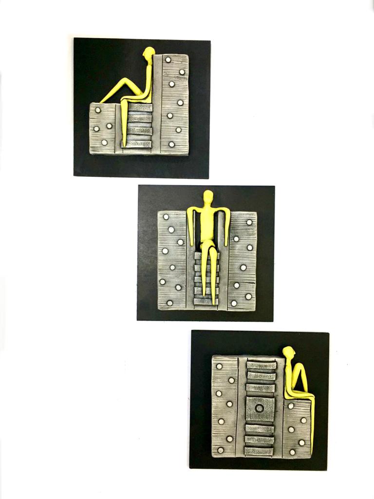 Human Figures Yellow & Beige Shades On Terracotta Sculptures By Tamrapatra