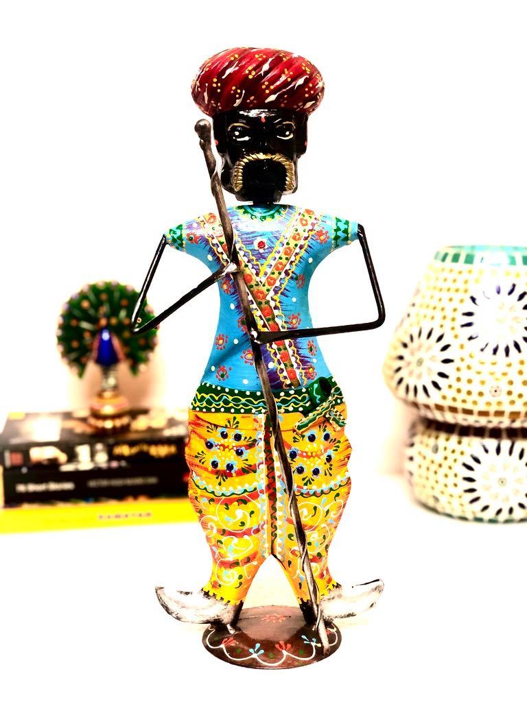 Indian Villager Guard Holding Stick Ethnic Attire Metal Tamrapatra - Tamrapatra