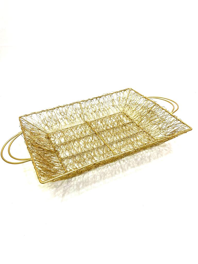 Jali Style Rectangular Trays Basket Metal Handles Splendid Design Tamrapatra