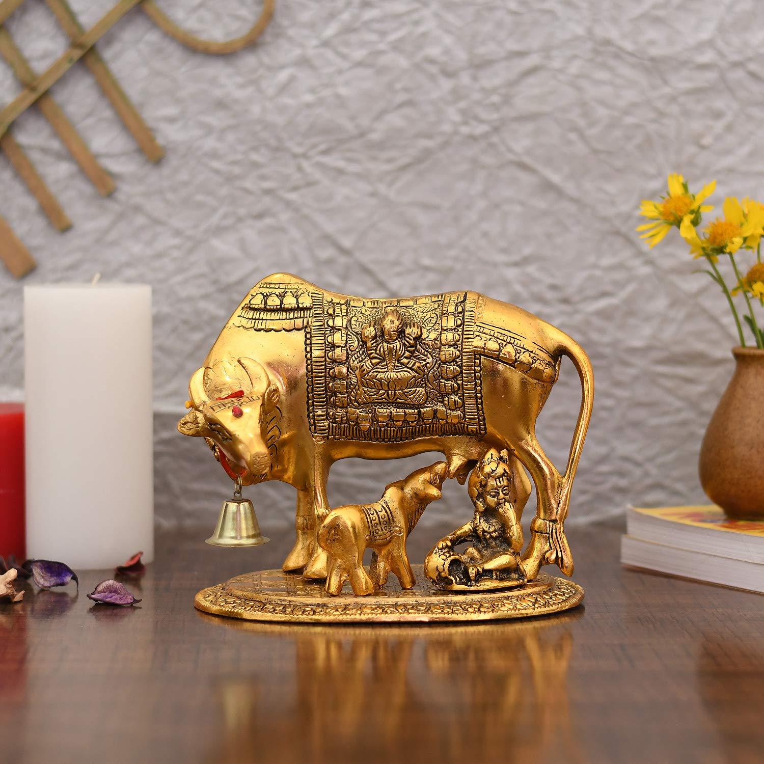 Metal Kamdhenu Cow & Child With Krishna Auspicious Gifting's By Tamrapatra