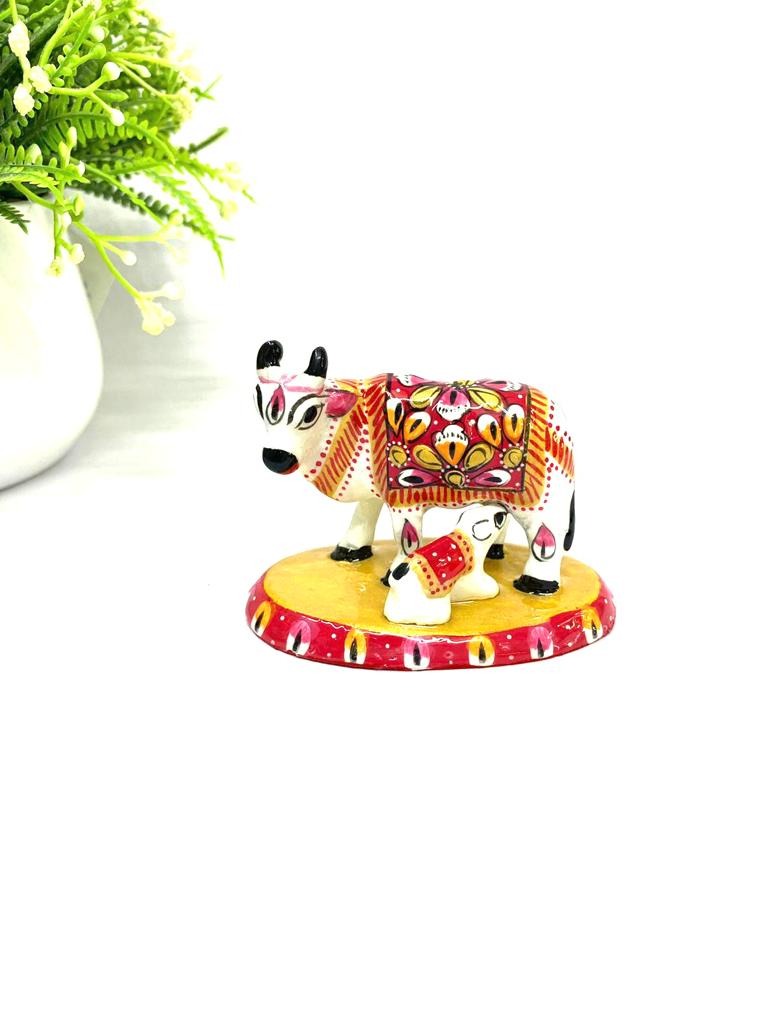 Kamdhenu Metal Cow With Child Exclusive Arts Minakari Artwork By Tamrapatra