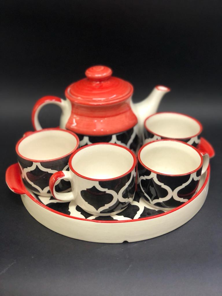 Ceramic Kettle 4 Cup Tea Set With Tray Attractive Moroccan Style Tamrapatra