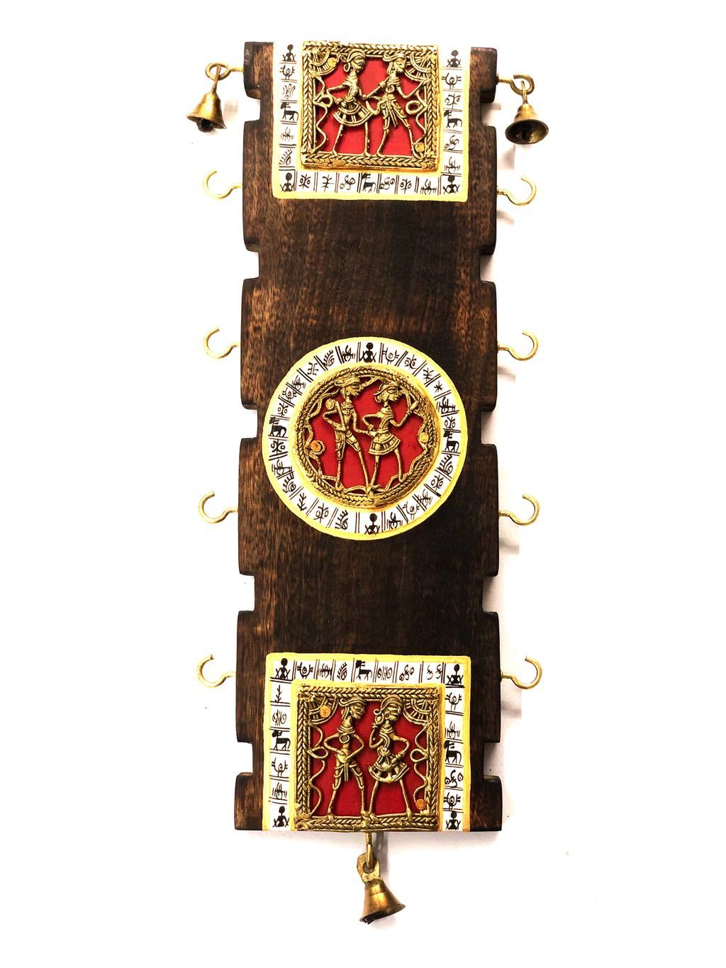 Long Wooden Panel Style Key Holder In Warli Dhokra Combined Tamrapatra