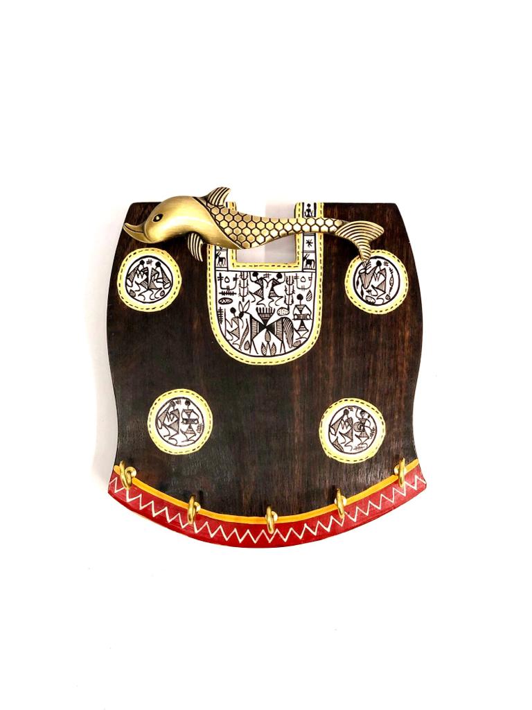 Brass Fish Authentic & Detailed Warli Art On Wooden Key Holders By Tamrapatra