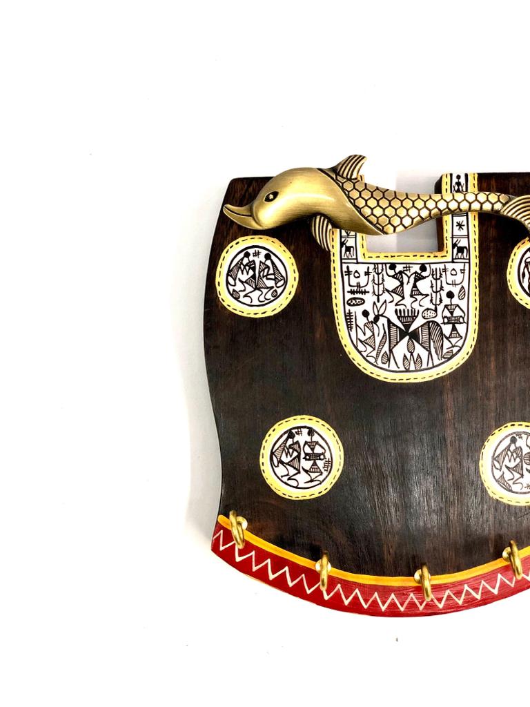 Brass Fish Authentic & Detailed Warli Art On Wooden Key Holders By Tamrapatra