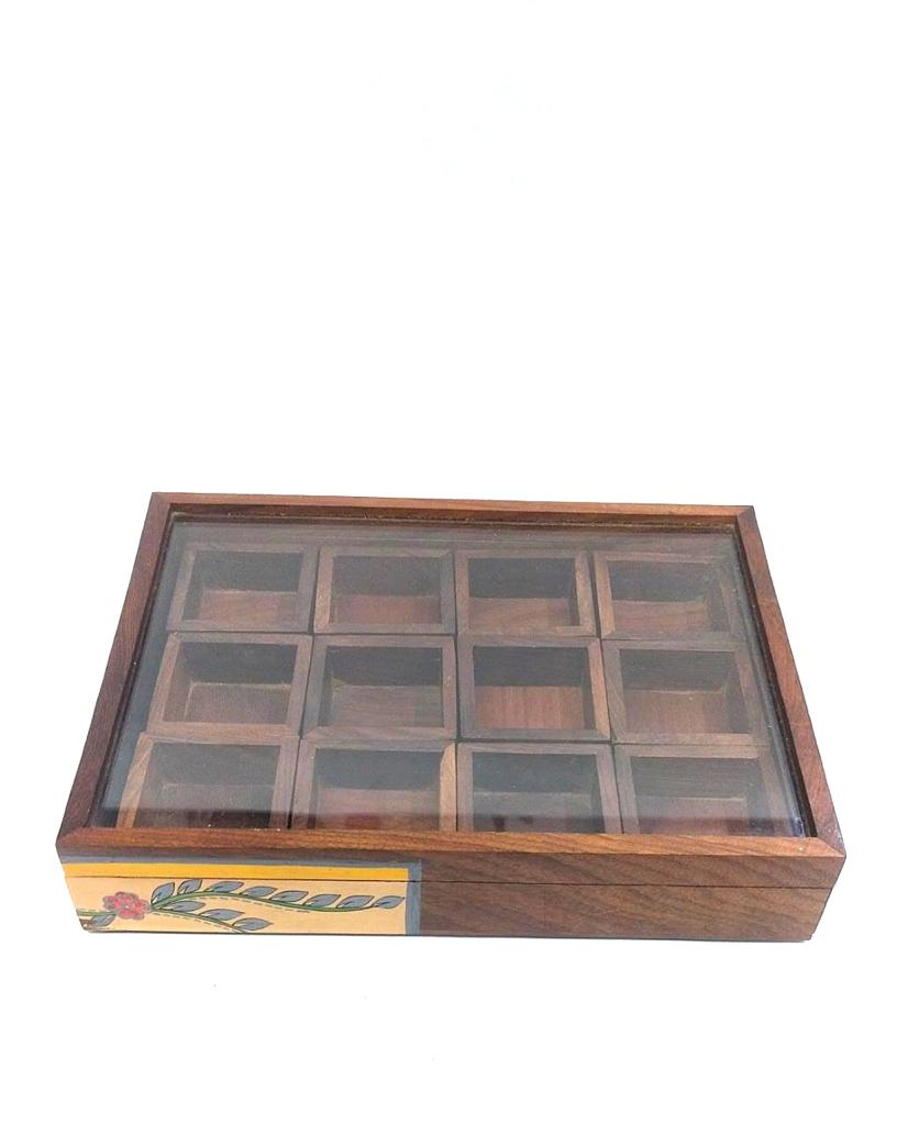 Handcrafted Spice Box Wooden With Spoon 12 Compartments From Tamrapatra