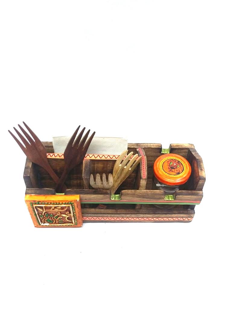 Multipurpose Cutlery Remote Stand Wooden Crafts Dinning Accessories By Tamrapatra