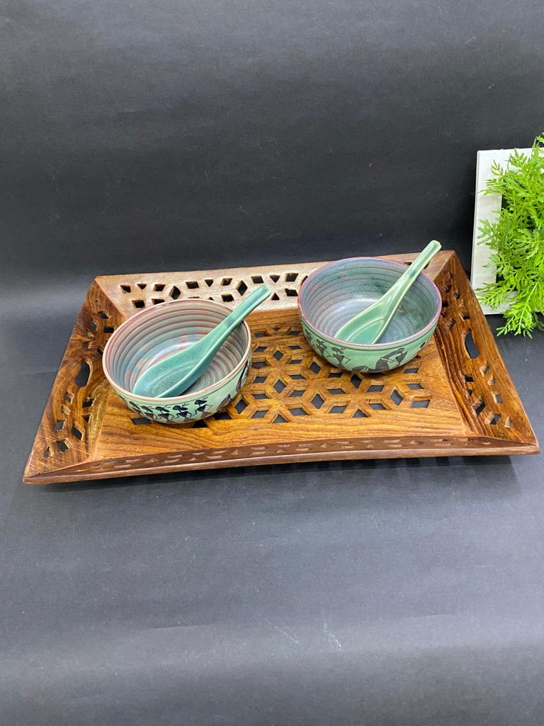 Flower Carved Wooden Trays Excellent Craftsmanship Gifts Tamrapatra - Tamrapatra