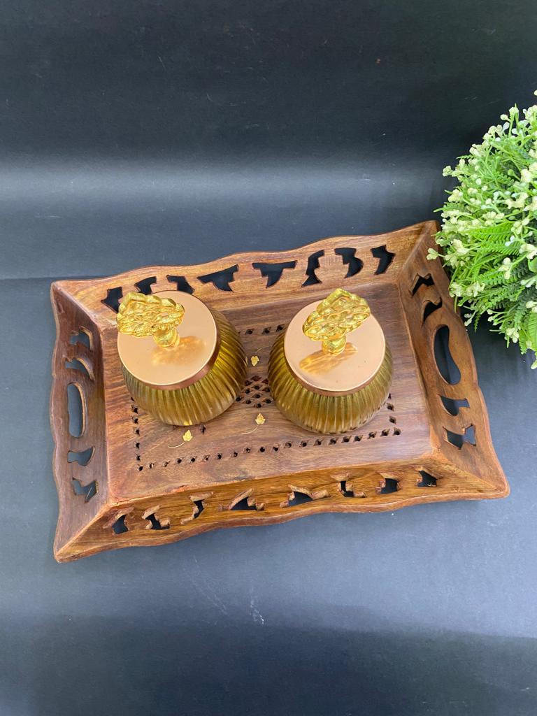 Flower Carved Wooden Trays Excellent Craftsmanship Gifts Tamrapatra - Tamrapatra