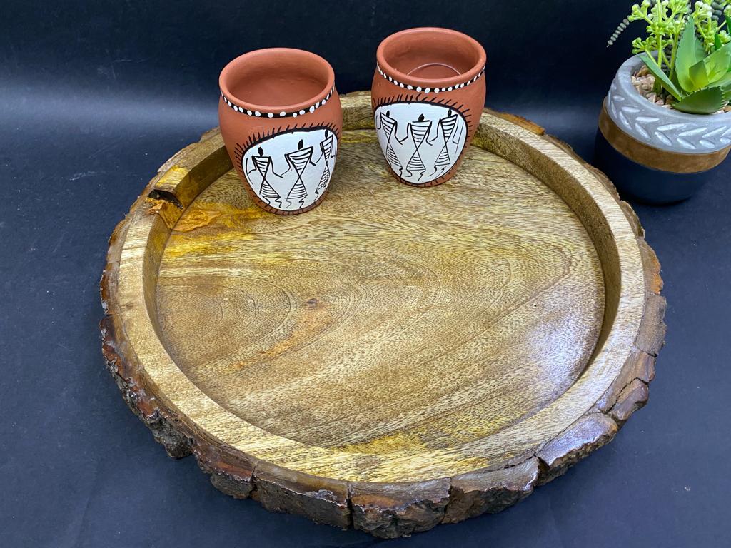 Wooden Tray Raw Series Round Shaped To Serve Beverage & Snacks Tamrapatra