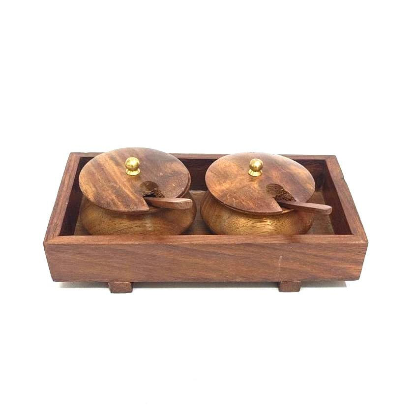 Elegant Two Jars Inside Tray With Serving Spoons Wooden Creations By Tamrapatra - Tamrapatra