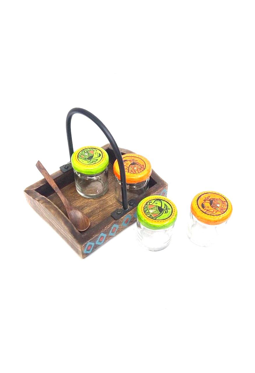 Hand Painted Attractive Jars With Classic Pattern Wooden Tray & Spoons By Tamrapatra