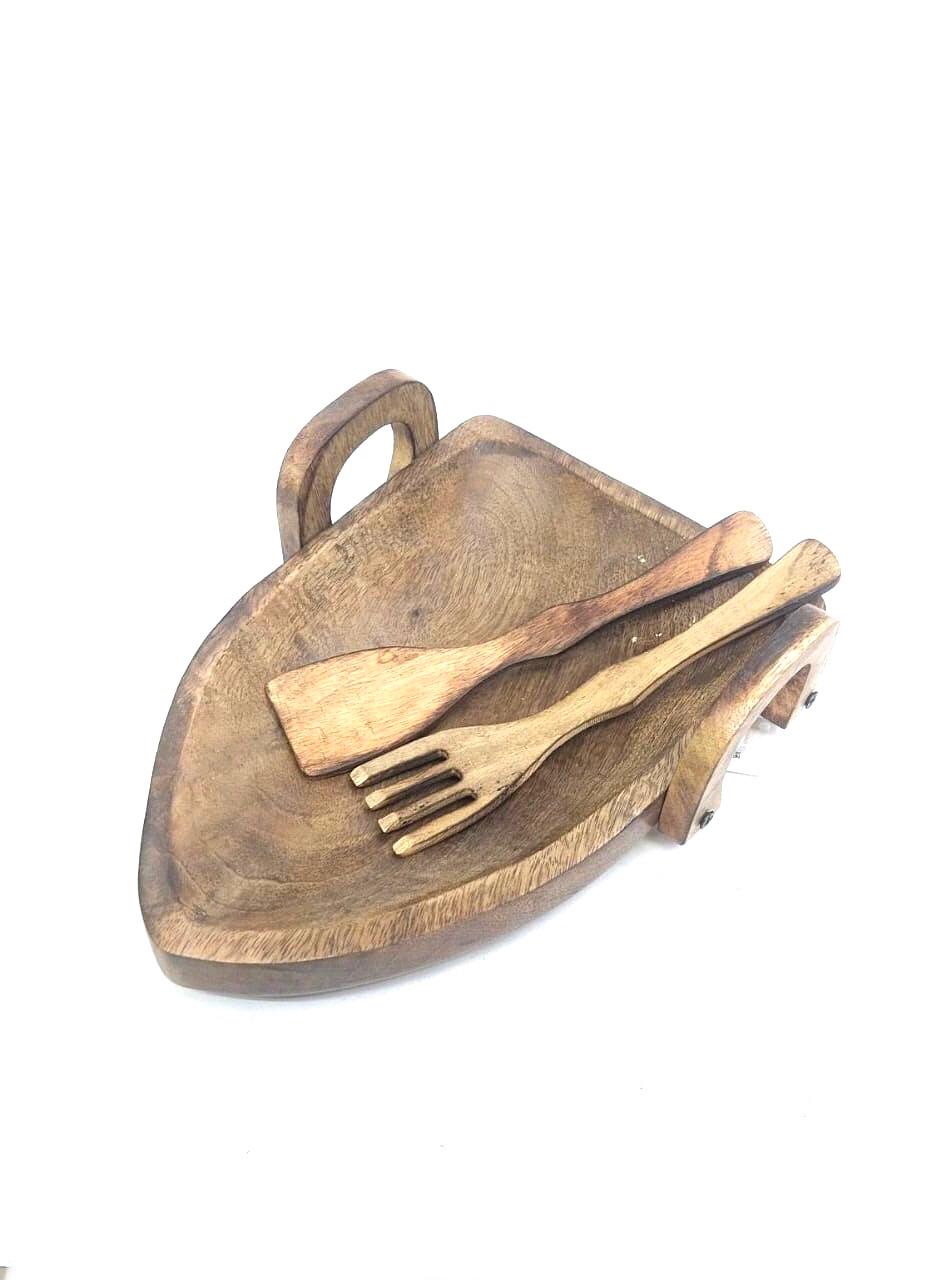 Wooden Boat Shaped Trays Extraordinary Design With Spoons By Tamrapatra