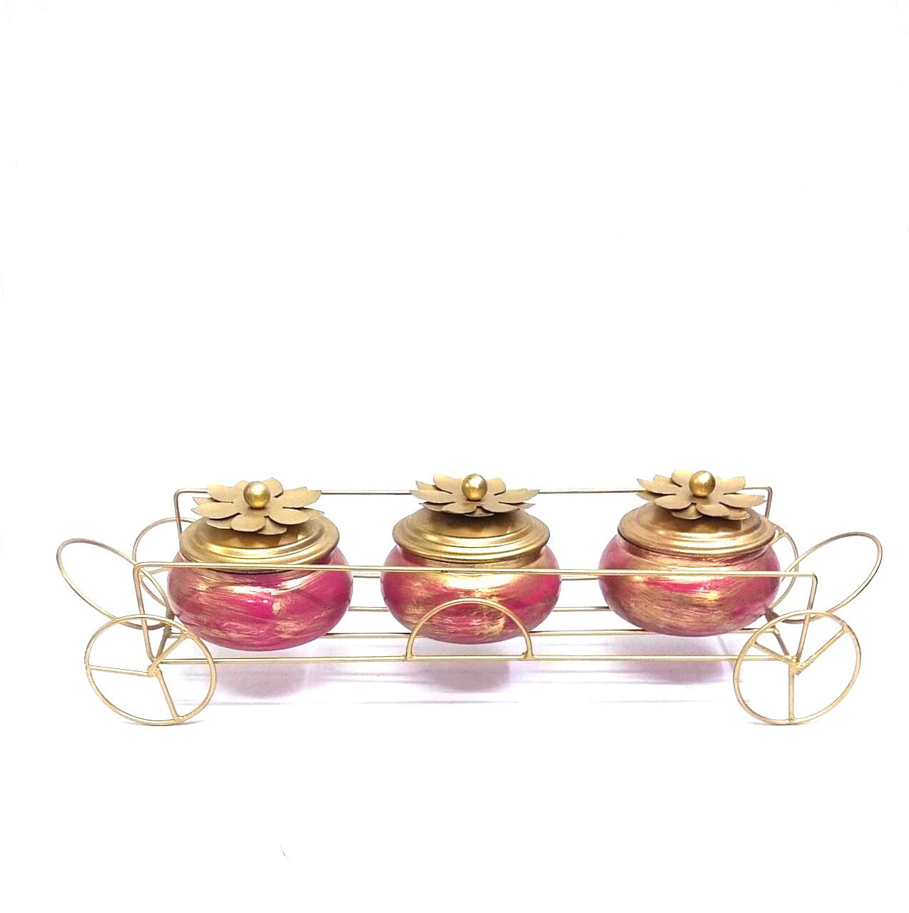 Trolley Style Storage Jars In Golden & Pink Finish Metallic Make By Tamrapatra