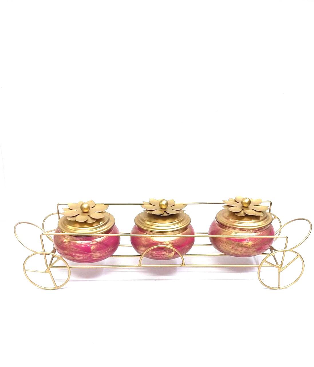 Trolley Style Storage Jars In Golden & Pink Finish Metallic Make By Tamrapatra