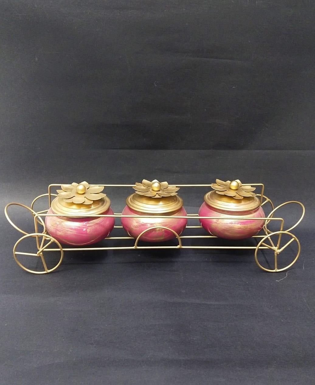 Trolley Style Storage Jars In Golden & Pink Finish Metallic Make By Tamrapatra