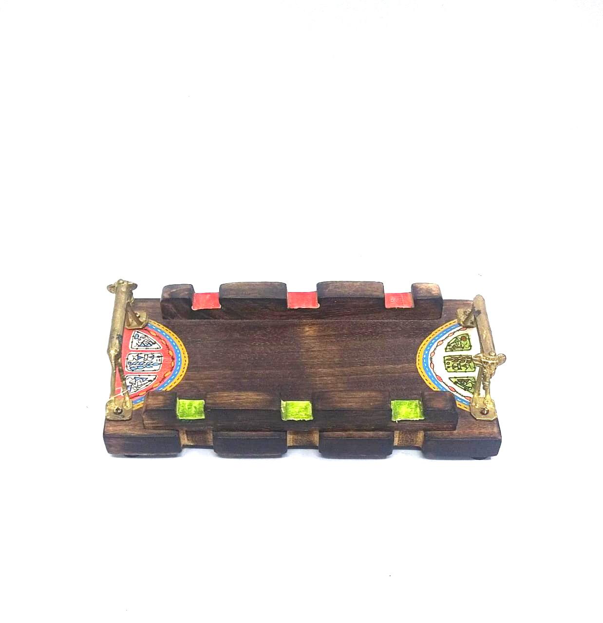 Exclusive Artistic Wooden Tray With Brass Animal Handles Hand Crafted Tamrapatra