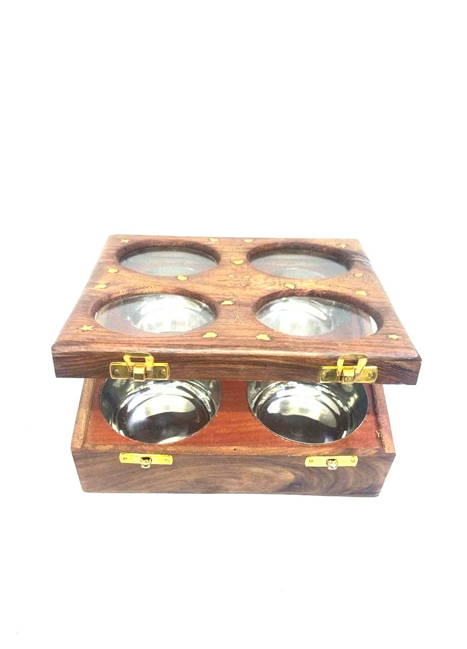 Wooden Dry Fruit Box With Stainless Steel Compartments For Storage Tarmapatra