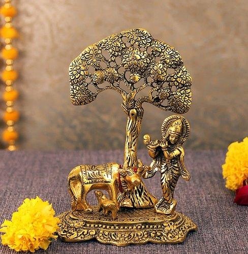 Metal Krishna Under Tree With Standing Mother Child Cow Gifts Tamrapatra